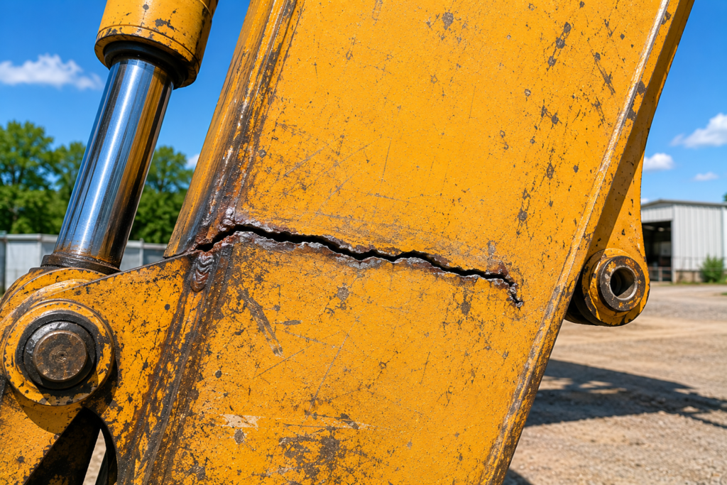 Cracked excavator boom requiring mobile welding repair and field fabrication services before returning to operation.